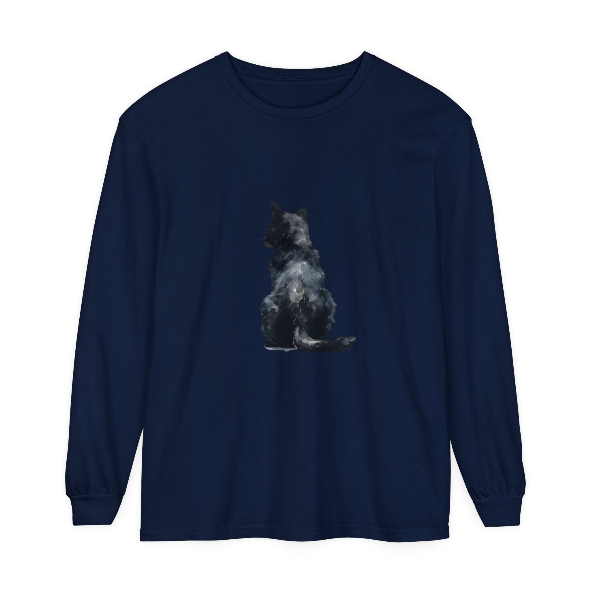 Black Cat Watercolor Long Sleeve T-Shirt with beautiful hand-painted feline design