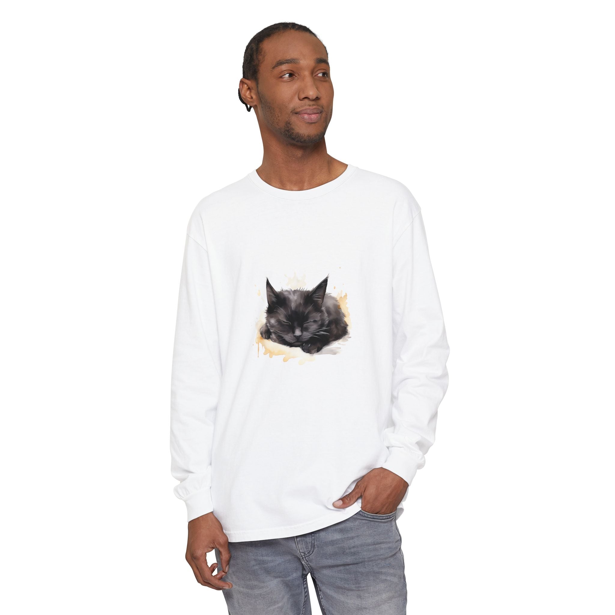 Sleepy Cat Watercolor Long Sleeve T-Shirt
