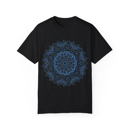 Handmade Mandala Art T-shirt featuring intricate floral design in vibrant colors