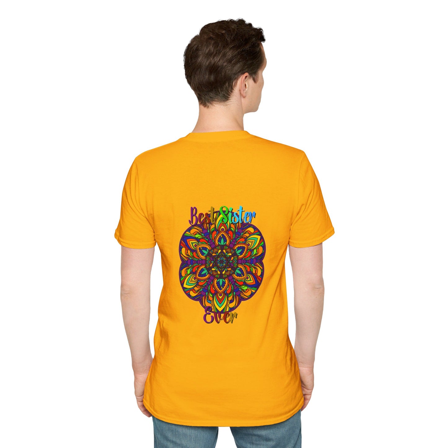 Intricate hand-drawn mandala design on a softstyle t-shirt for sister