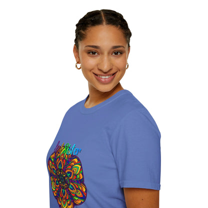 Softstyle t-shirt with an elegant hand-drawn mandala design for sister