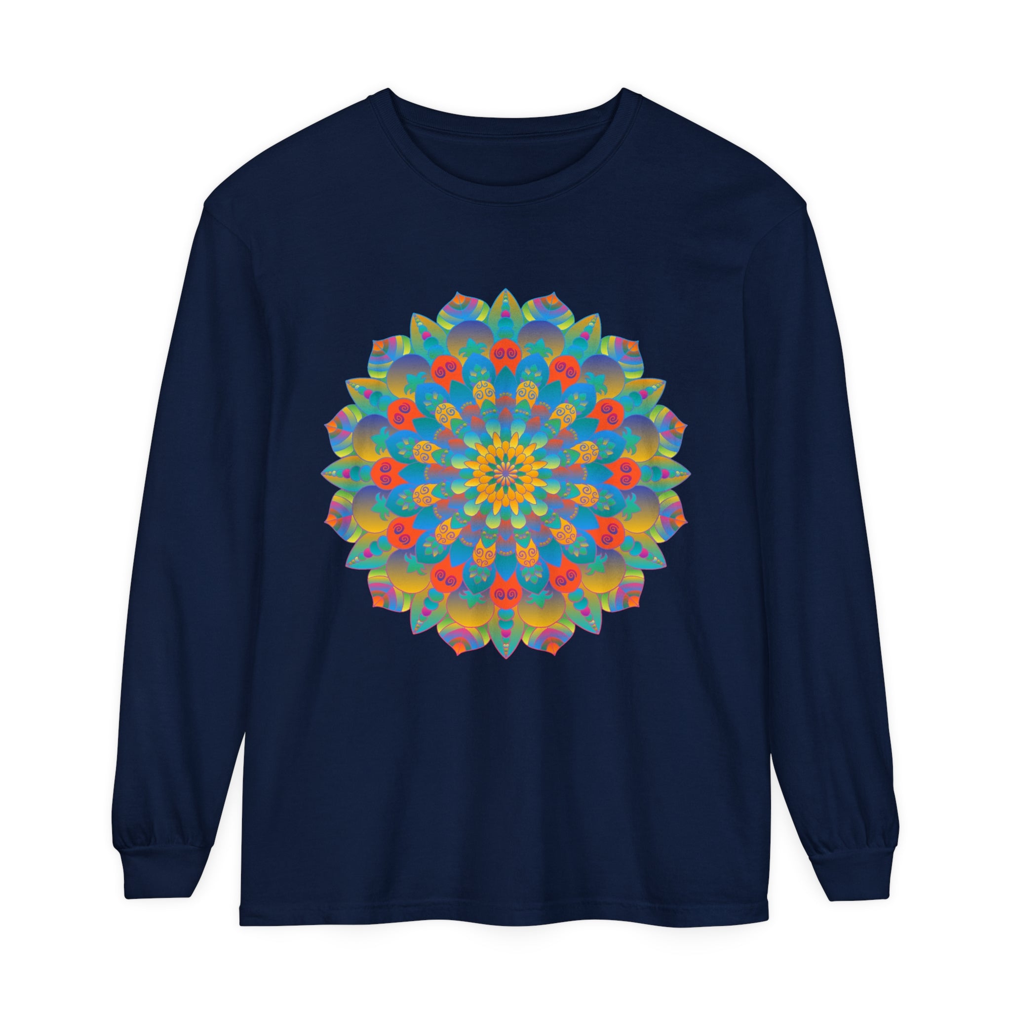 Colorful and intricate mandala design long sleeve t-shirt, suitable for both men and women, adds vibrancy and style to any outfit