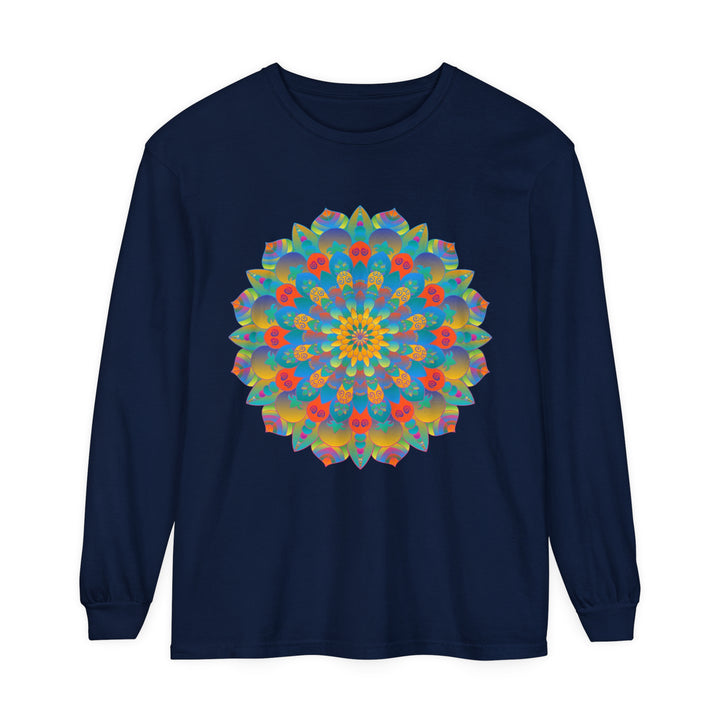 Colorful and intricate mandala design long sleeve t-shirt, suitable for both men and women, adds vibrancy and style to any outfit