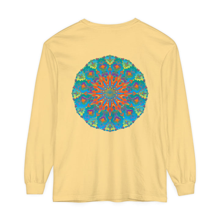 Colorful rainbow mandala design on a long sleeve t-shirt