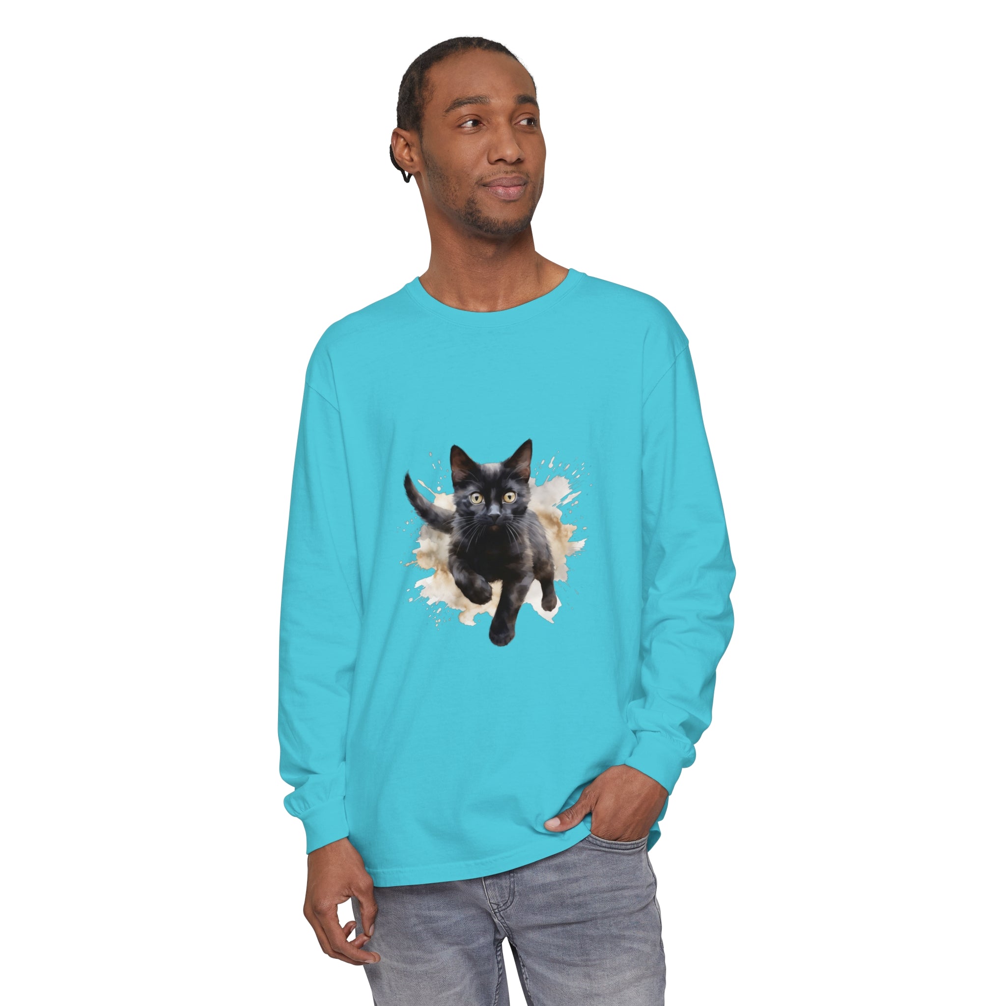 Black Cat Watercolor Splash T-Shirt featuring a vibrant and artistic feline design