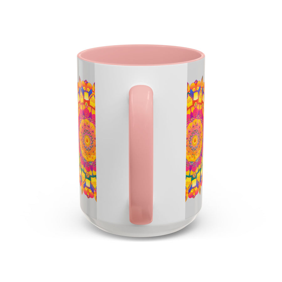 Vibrant and intricately detailed mandala art mug with stunning colors against a grey background