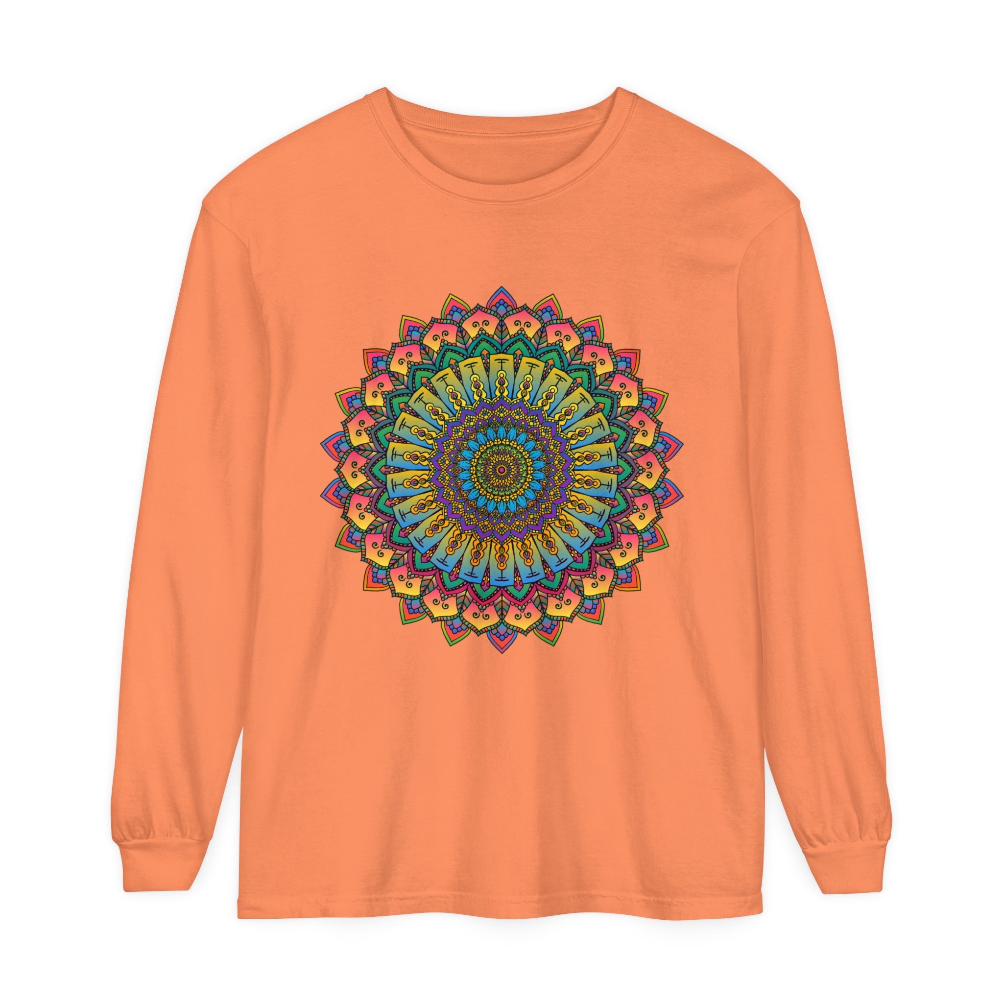 Intricate mandala design unisex long sleeve t-shirt in vibrant colors