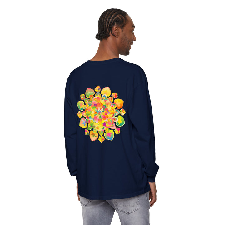 Colorful and intricate mandala design adorns this long sleeve t-shirt