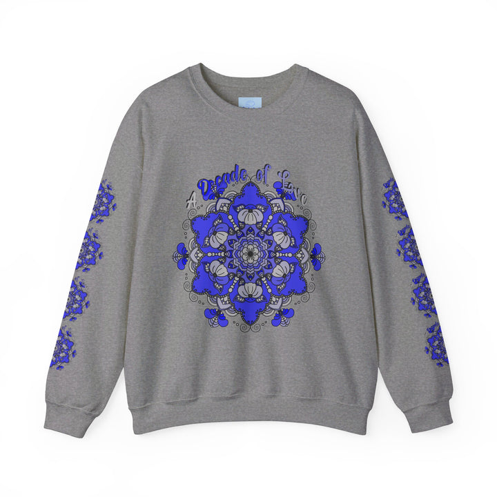  Side view of the 10th Anniversary Mandala Design Unisex Sweatshirt with a comfortable fit and premium quality fabric 