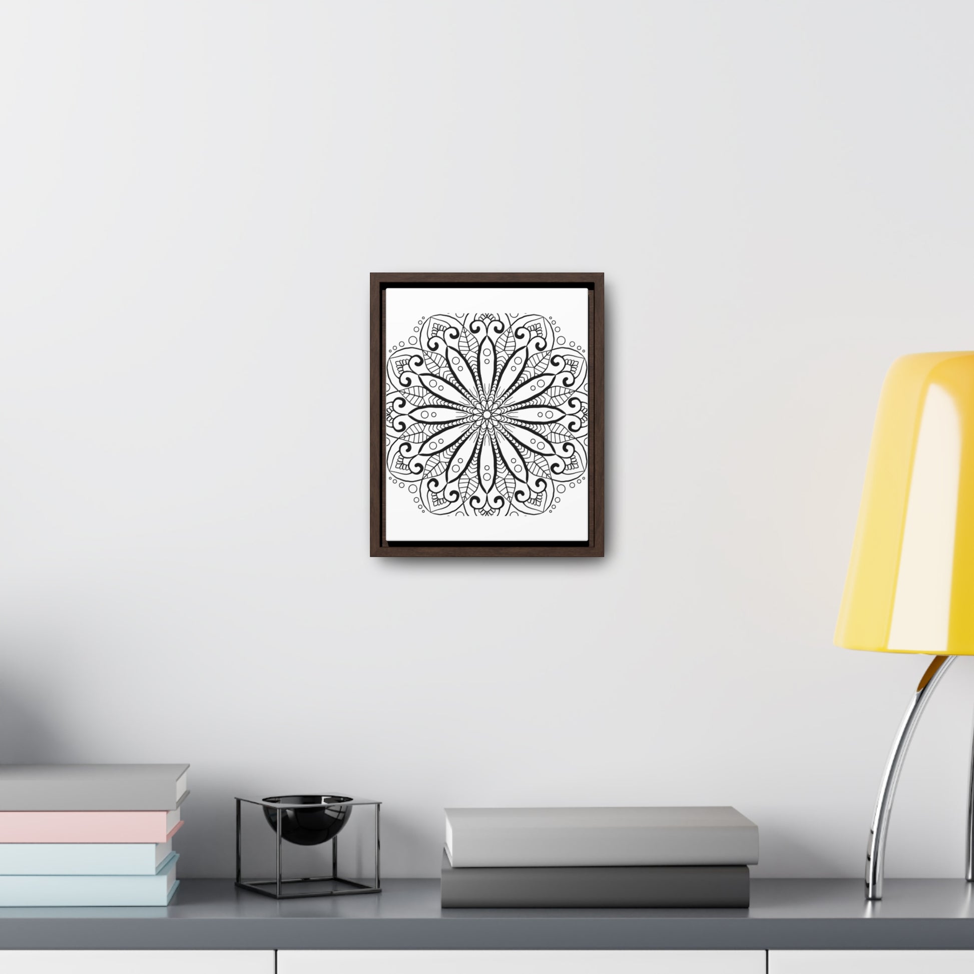 Handmade black and white mandala art on gallery canvas wrap, displayed in a vertical frame