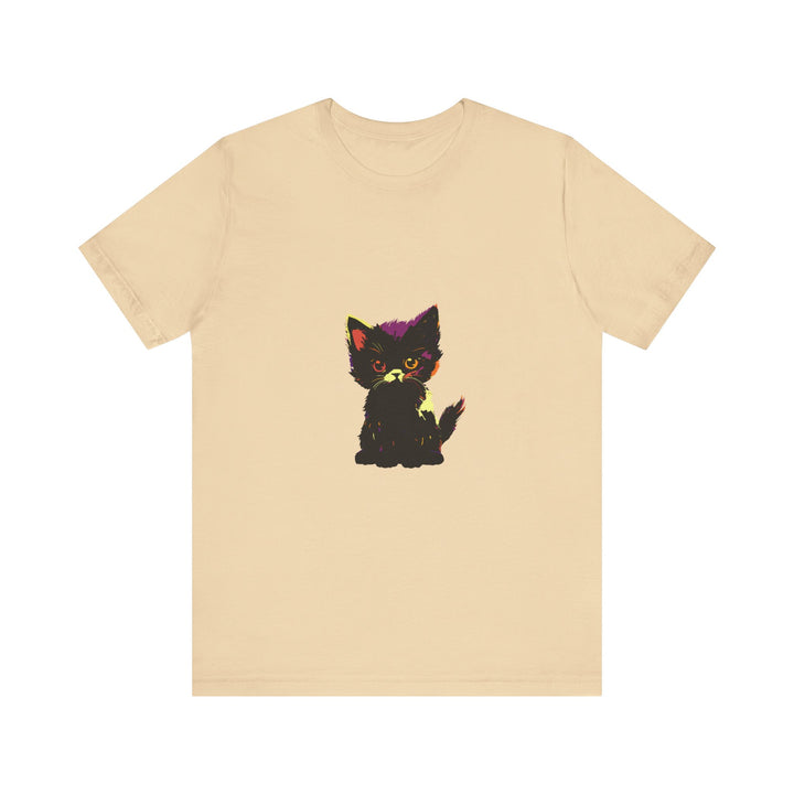 Neon Black Cat Mystery T-Shirt with glowing green eyes and intricate design