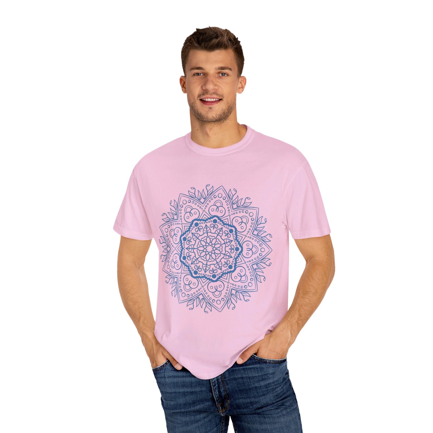 Unisex Mandala T-shirt featuring a unique handmade design created by hand and garment-dyed