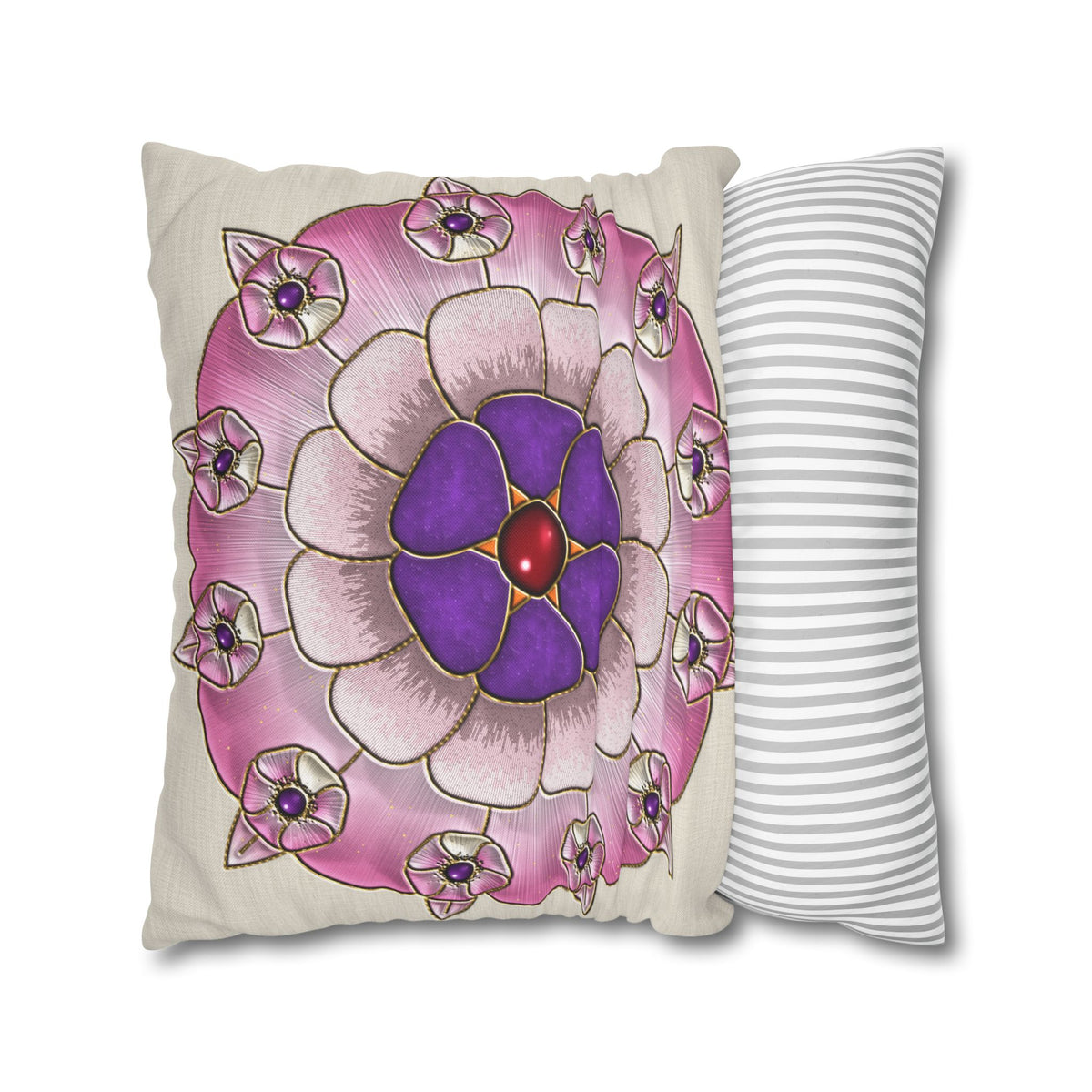 Federa quadrata con motivo a mandala floreale rosa e viola