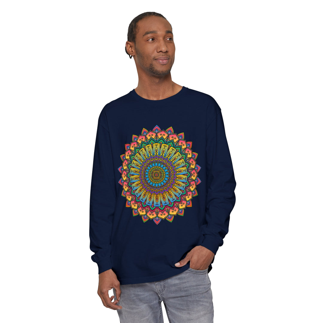 Intricate Mandala Unisex Long Sleeve T-Shirt with geometric design in black and white