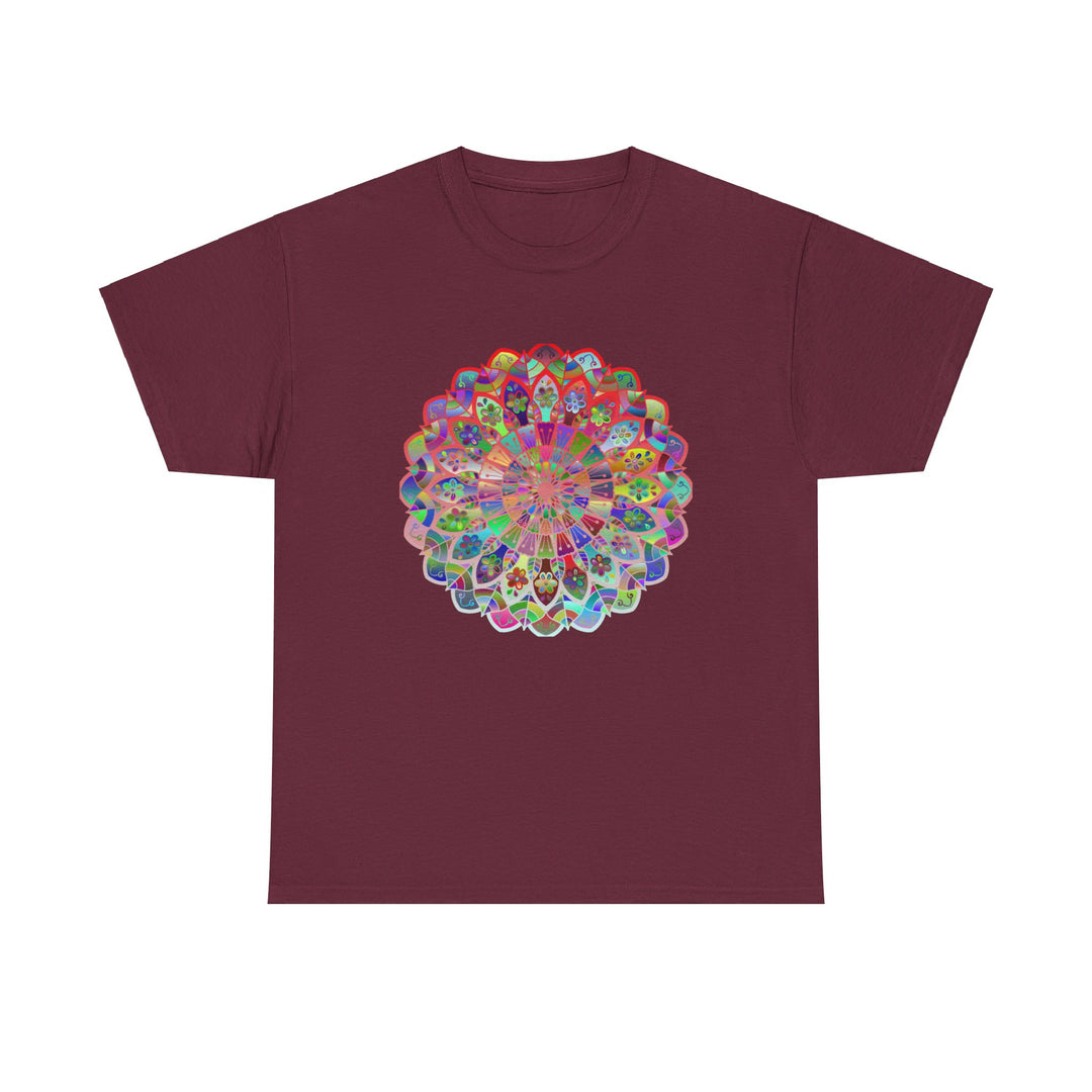 A colorful mandala design printed on a high-quality unisex cotton t-shirt promoting mindfulness and yoga