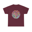 A colorful mandala design printed on a high-quality unisex cotton t-shirt promoting mindfulness and yoga