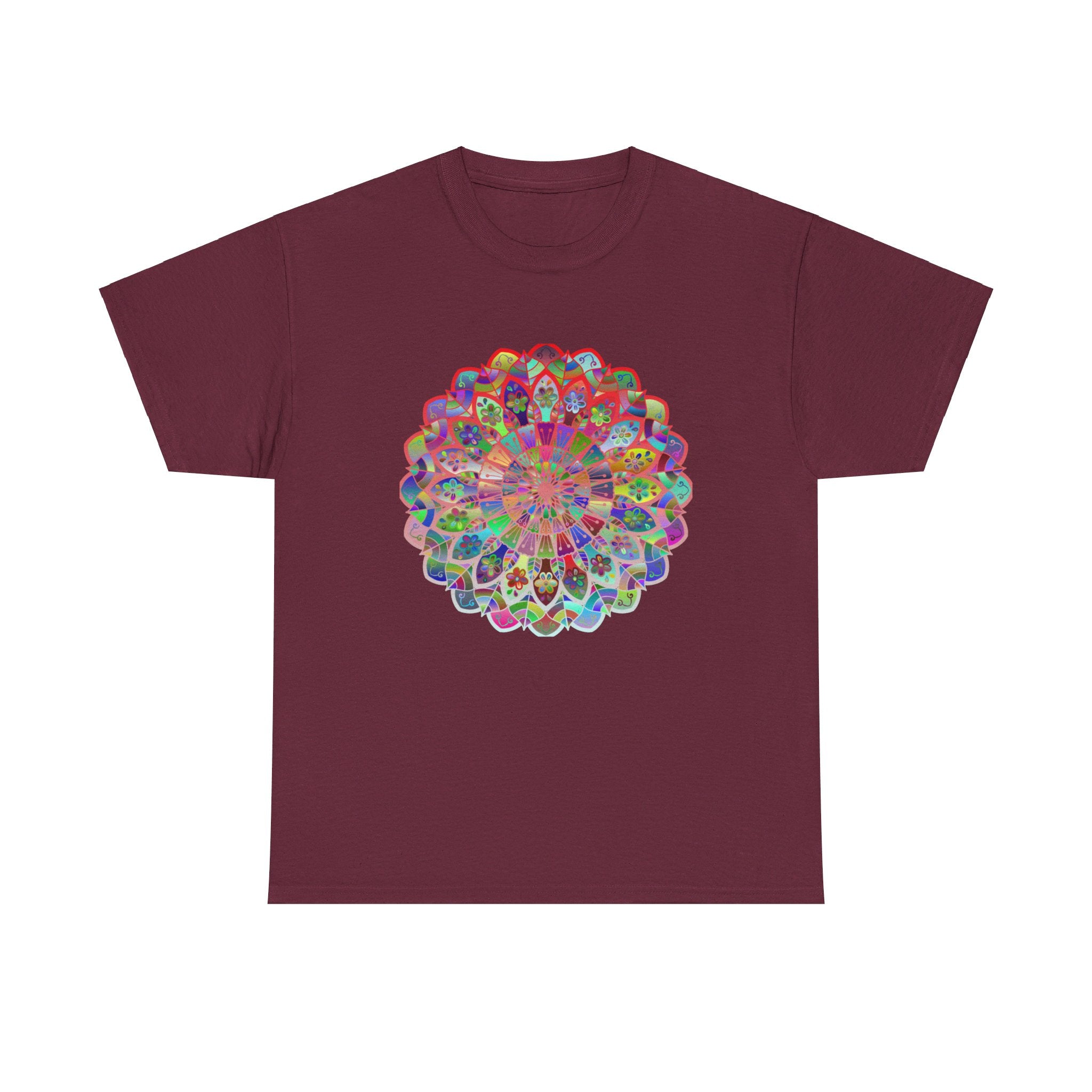 A colorful mandala design printed on a high-quality unisex cotton t-shirt promoting mindfulness and yoga