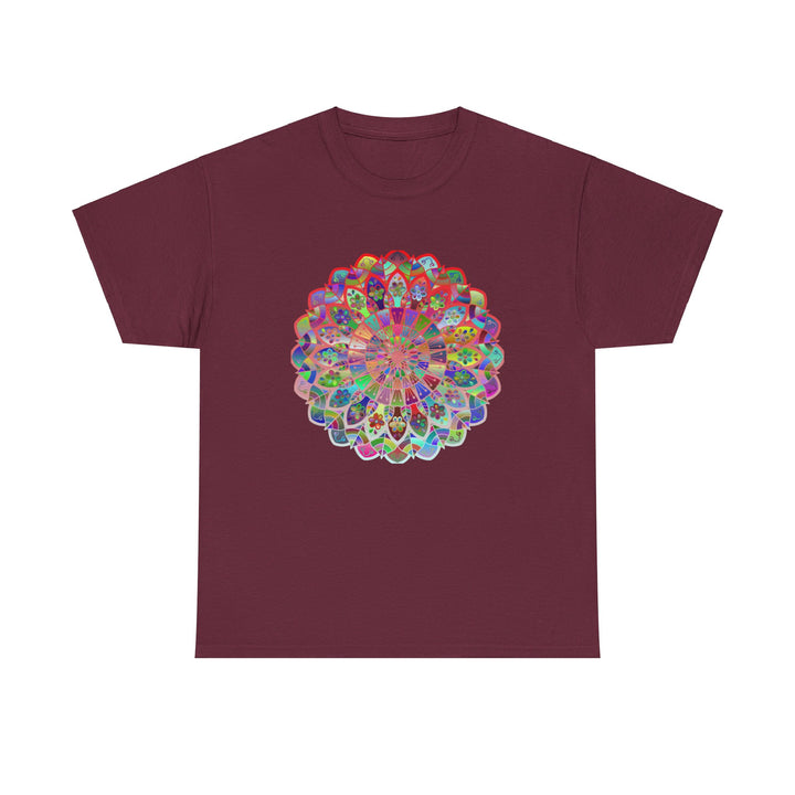 A colorful mandala design printed on a high-quality unisex cotton t-shirt promoting mindfulness and yoga