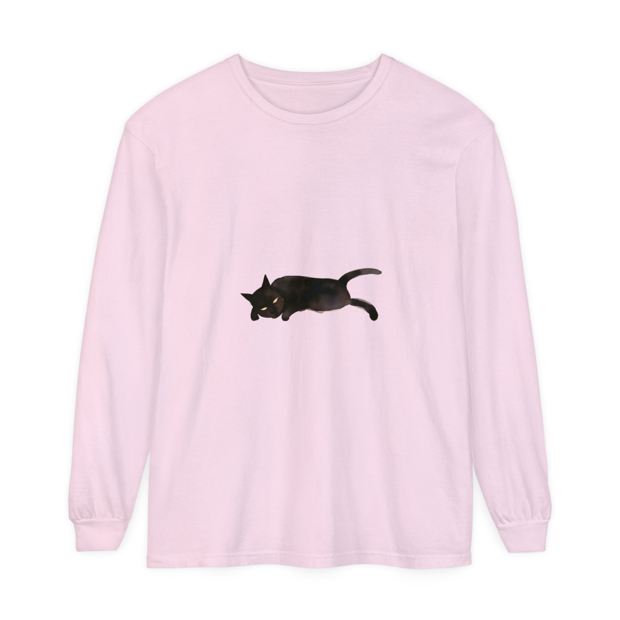 Black cat with closed eyes sleeping on a unisex long sleeve t-shirt