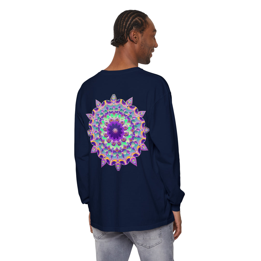 Colorful and intricate psychedelic mandala design on a long sleeve t-shirt