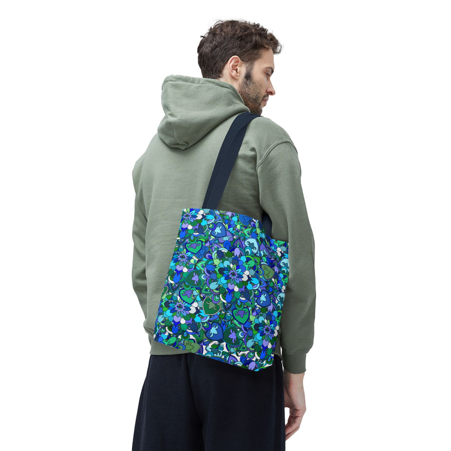 Blue Green Floral Mandala Tote Bag — Vibrant All-Over-Print Shopper