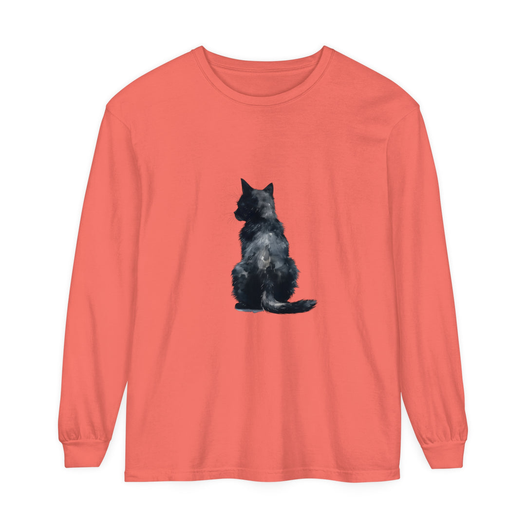 Black Cat Watercolor Long Sleeve T-Shirt featuring a beautiful watercolor design of a black cat on a comfortable long sleeve shirt