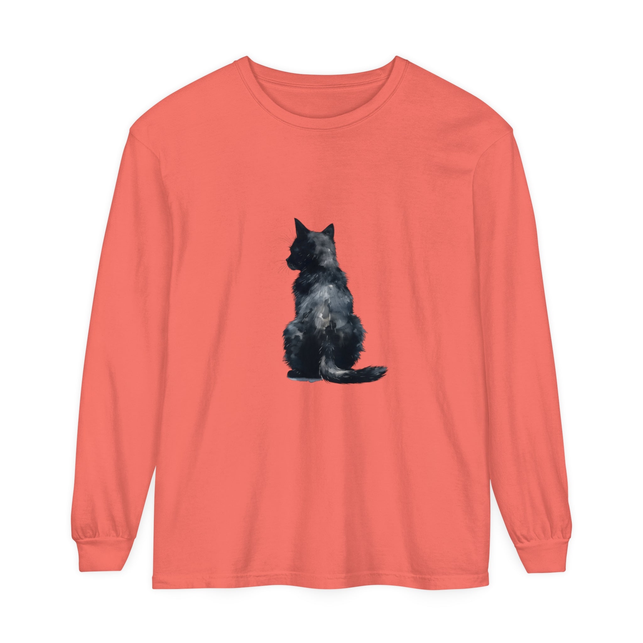 Black Cat Watercolor Long Sleeve T-Shirt featuring a beautiful watercolor design of a black cat on a comfortable long sleeve shirt