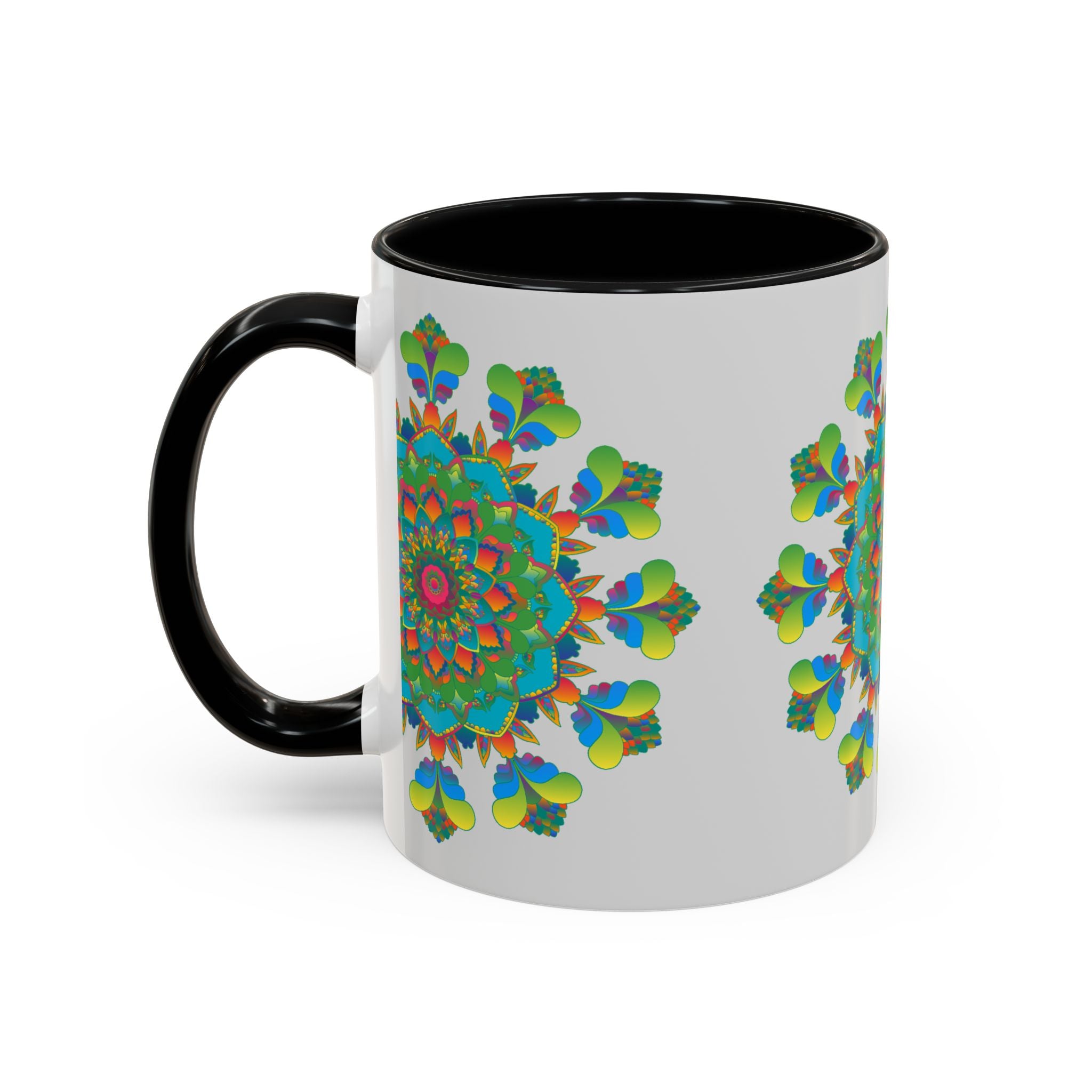 Mandala art mug featuring vibrant and intricate designs in various colors on a grey background