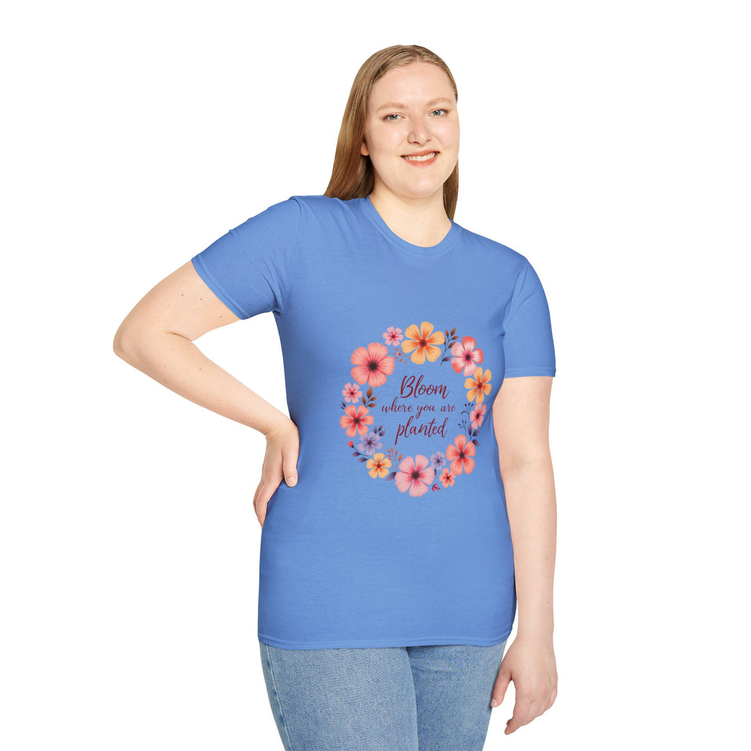 A beautiful white t-shirt featuring a colorful floral mandala design and a quote