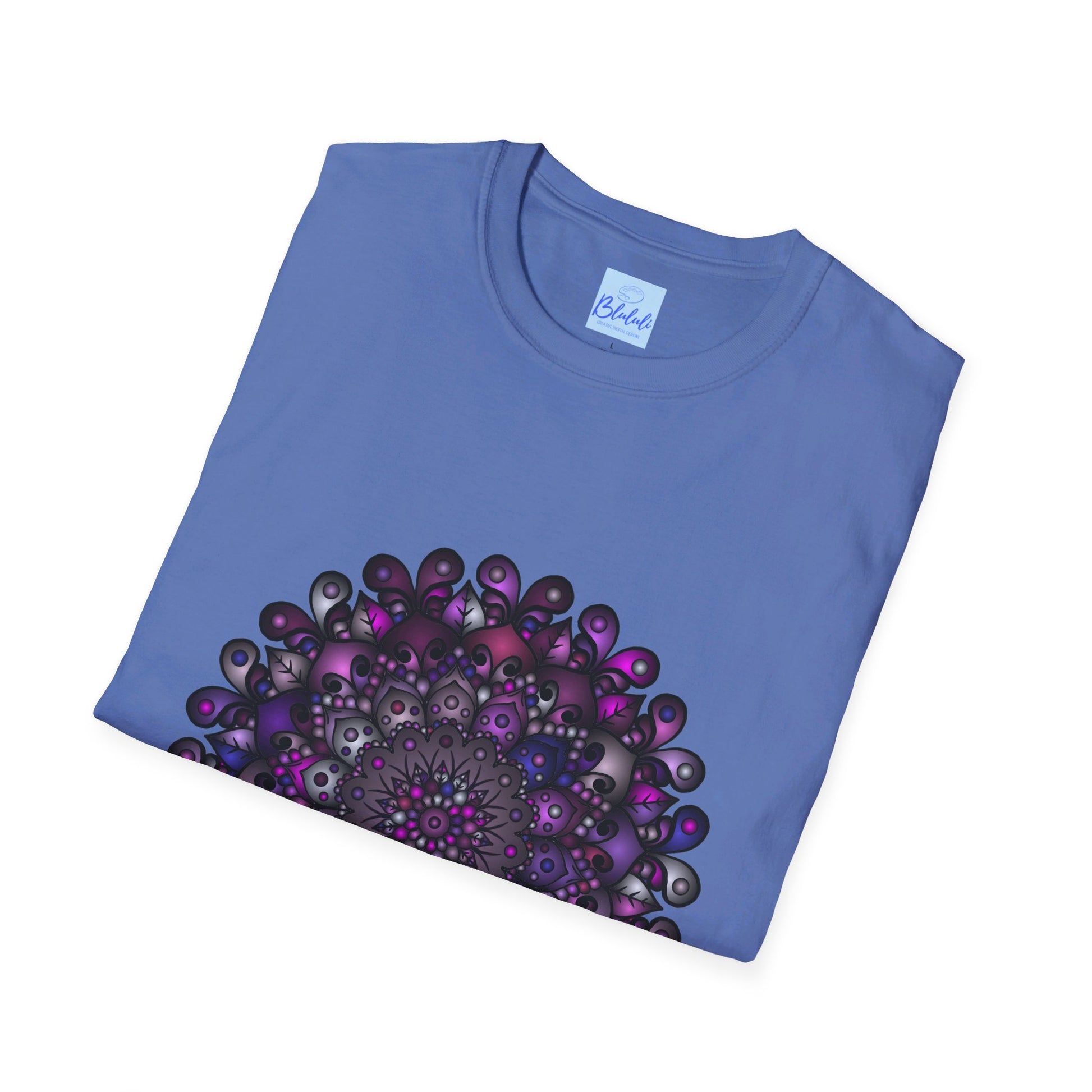 A close-up image of a Handmade Mandala Art Softstyle T-Shirt with intricate colorful designs