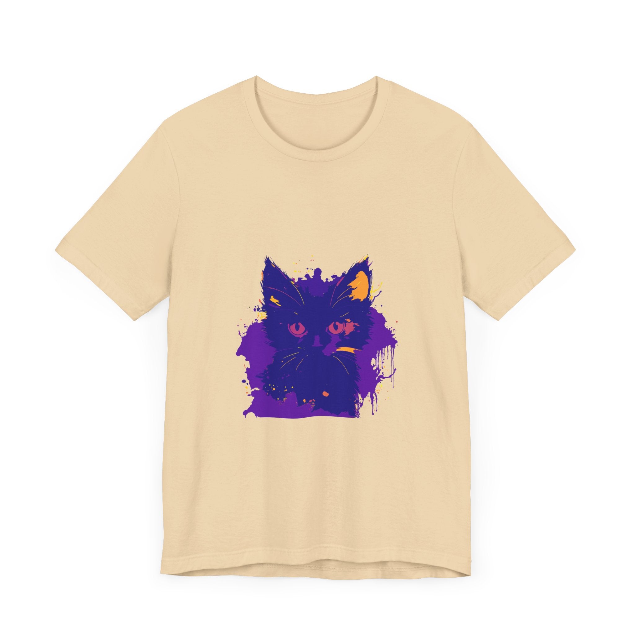 A whimsical blue and pink cat t-shirt featuring a playful feline design