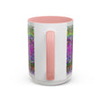Colorful and intricate psychedelic mandala design adorning a grey ceramic mug