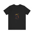 A black t-shirt with a mysterious black cat design and one striking blue eye
