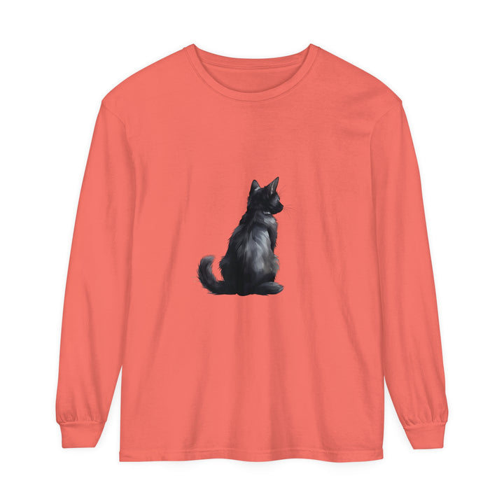 Black Cat Mystery unisex long sleeve tee in black with intricate cat design