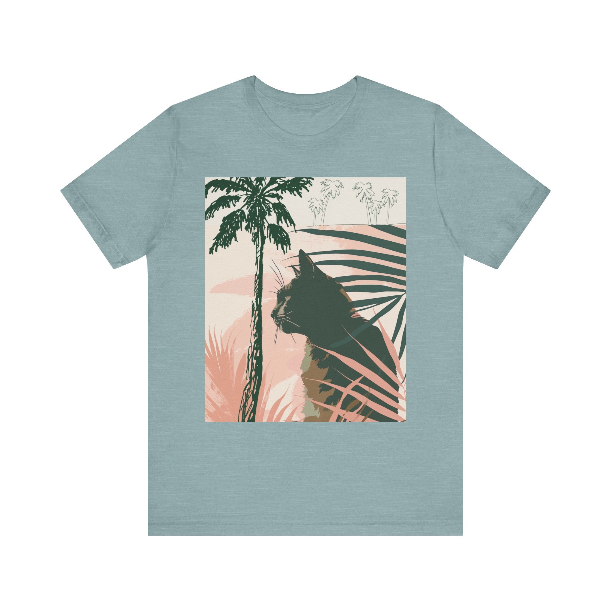 Black Cat Jungle Tee, a stylish and comfortable t-shirt featuring a fierce black cat amidst lush green foliage, perfect for nature lovers and cat enthusiasts