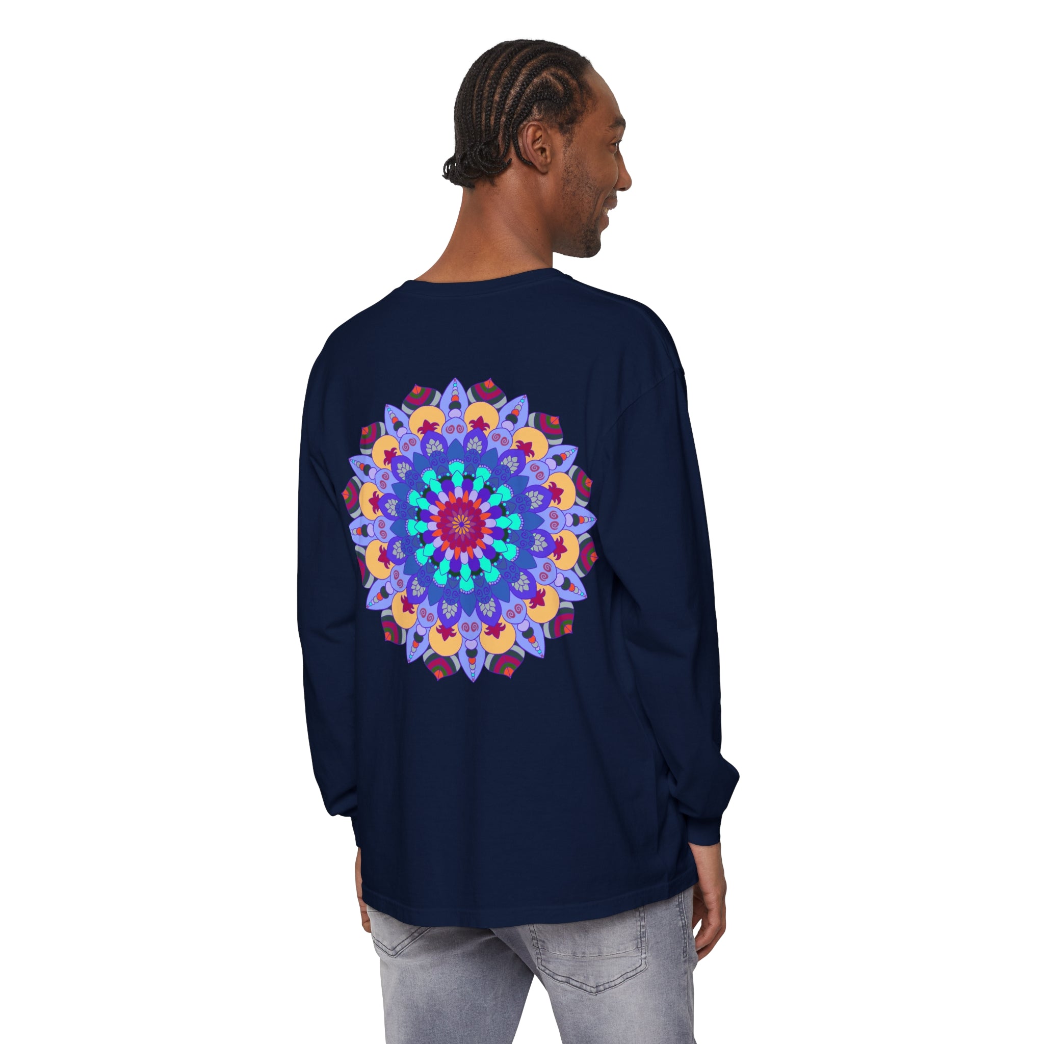 Colorful and intricate mandala design long sleeve t-shirt on a hanger