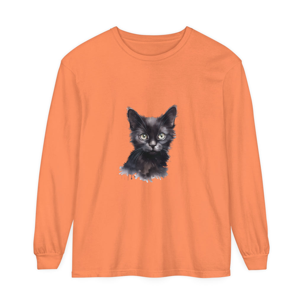 Black Cat Watercolor Long Sleeve T-Shirt with Vibrant Colors and Detailed Design