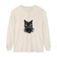 Close-up of a black cat portrait printed on a unisex long sleeve t-shirt