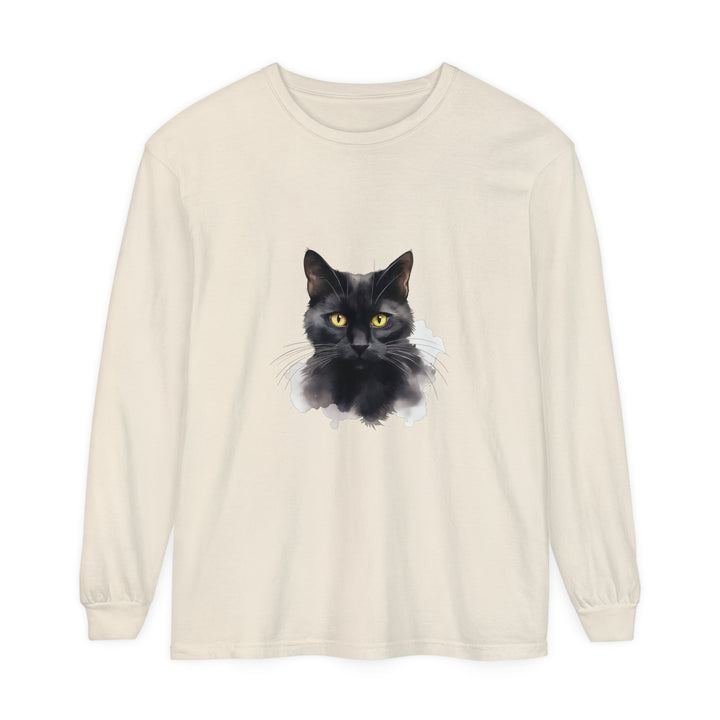 Close-up of a black cat portrait printed on a unisex long sleeve t-shirt