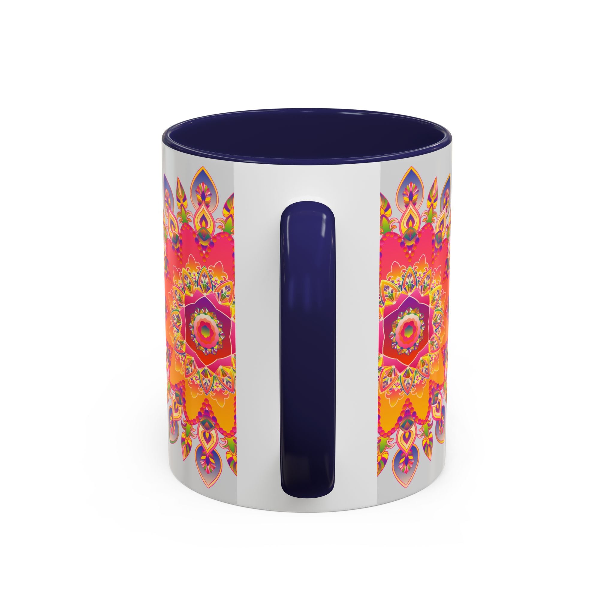 Alt text: Beautiful mandala art mug featuring vibrant colors against a stylish grey background, perfect for adding a touch of elegance to your morning routine