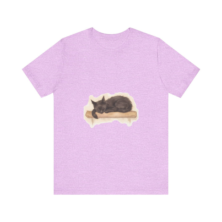 A watercolor illustration of a realistic black cat sleeping on a t-shirt, with intricate details and vibrant colors