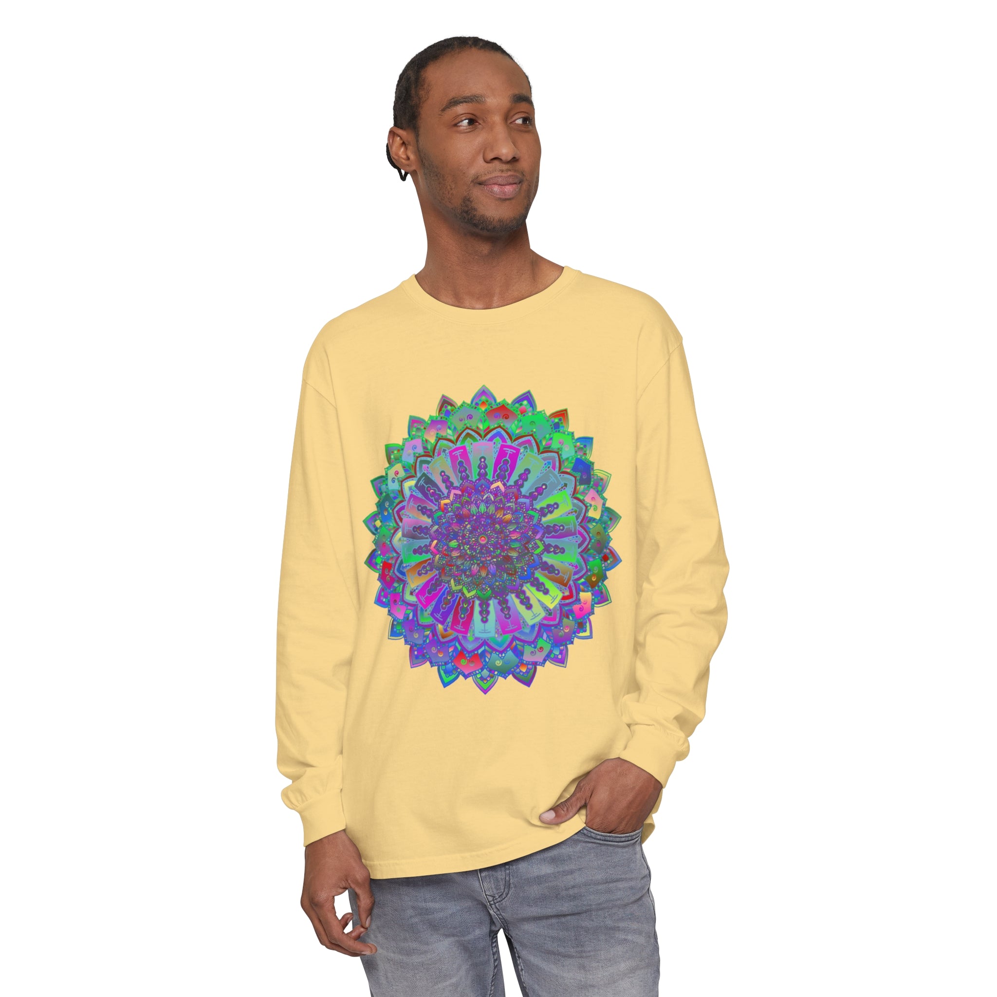 Colorful and intricate mandala design long sleeve t-shirt for a vibrant look