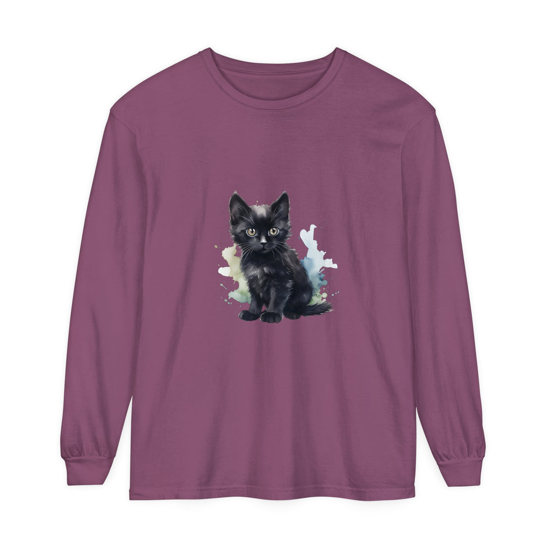 Black Kitten Watercolor - Long Sleeve T-Shirt with cute cat design