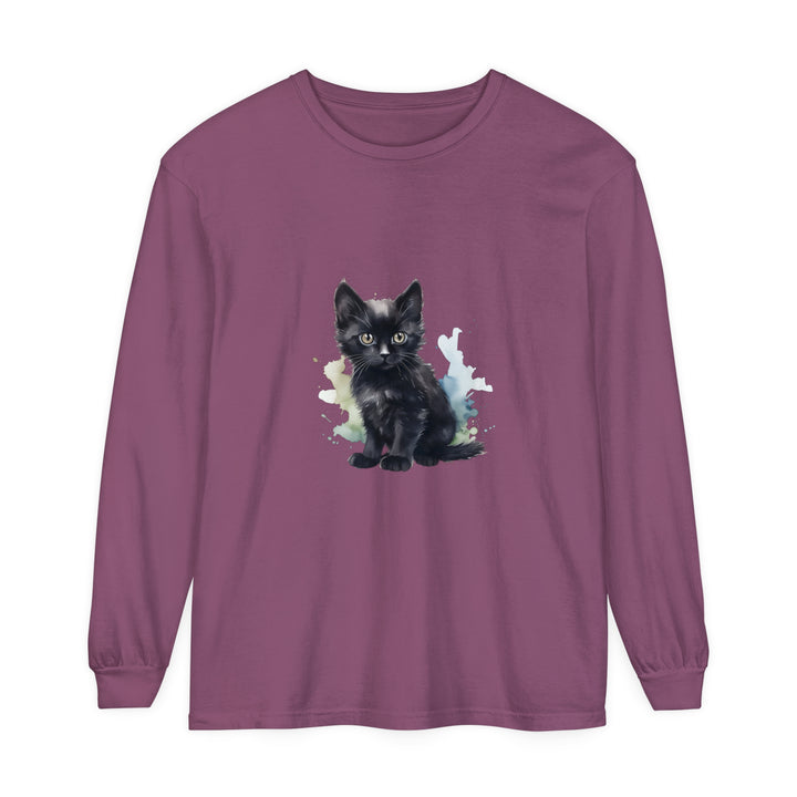 Black Kitten Watercolor - Long Sleeve T-Shirt with cute cat design