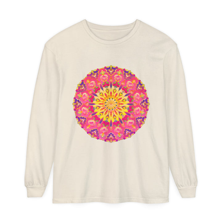 Colorful and intricate mandala design on a unisex long sleeve t-shirt