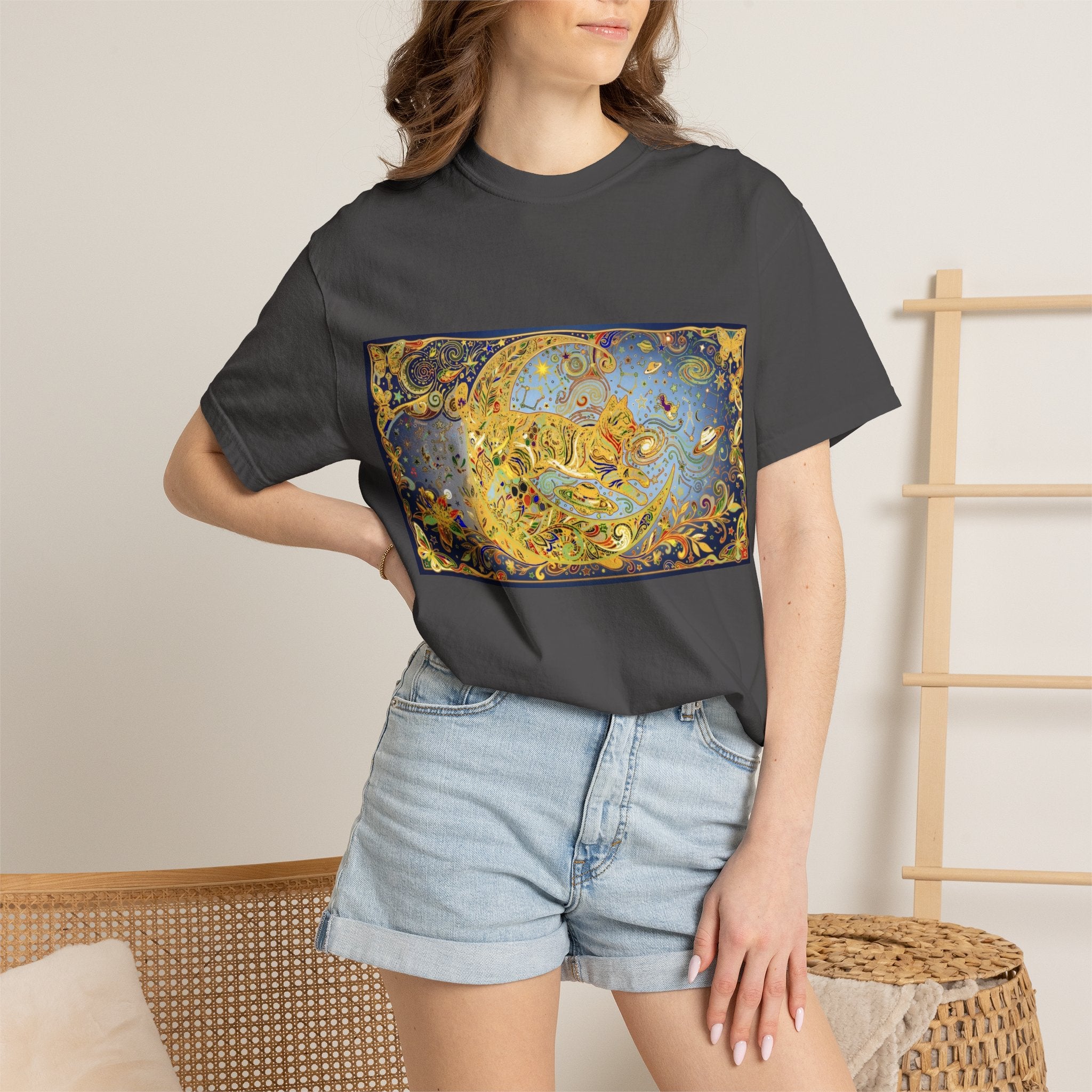 Crescent Cat & Moon T-Shirt — Vintage Celestial Tee