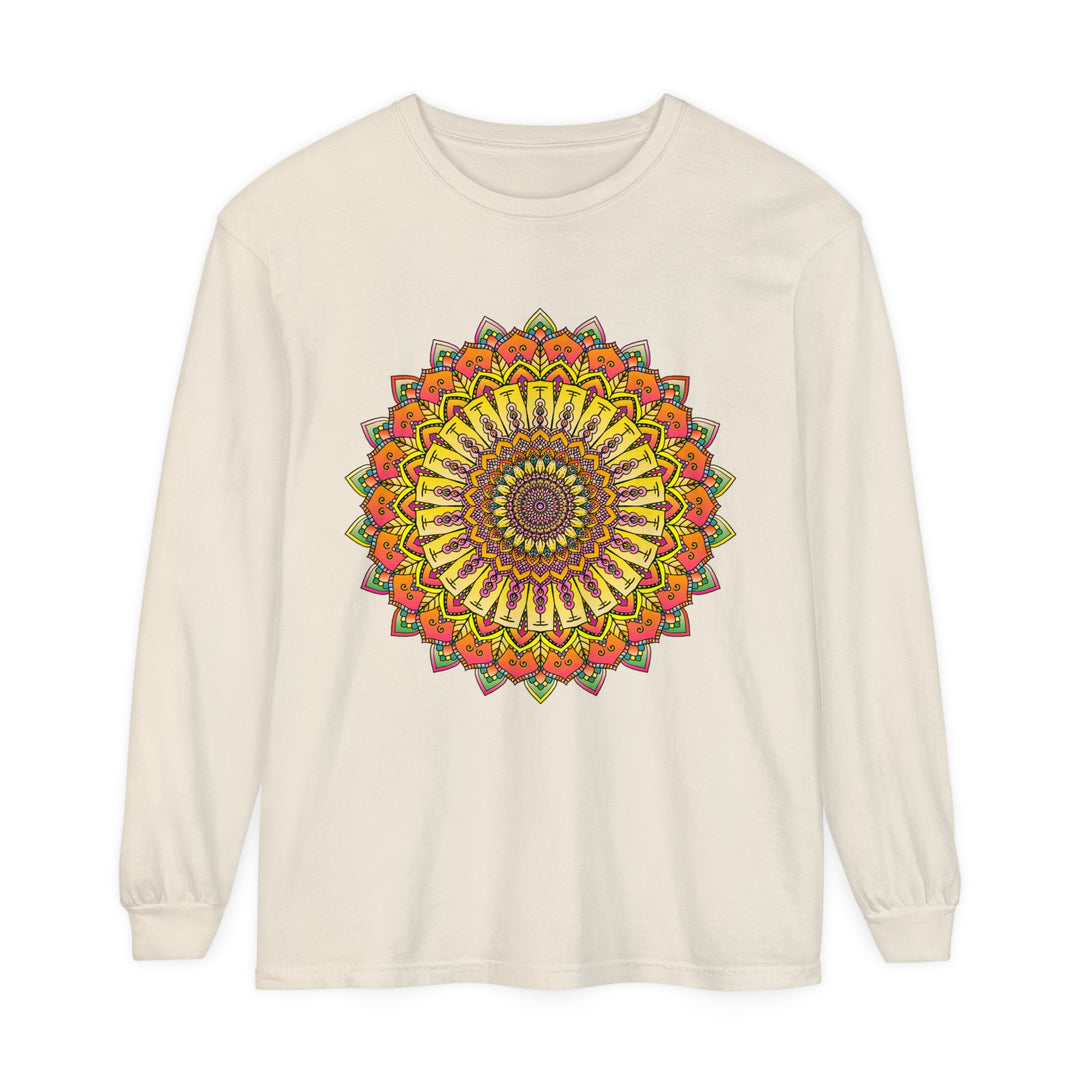 A colorful and detailed mandala design featured on a unisex long sleeve t-shirt