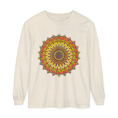 A colorful and detailed mandala design featured on a unisex long sleeve t-shirt