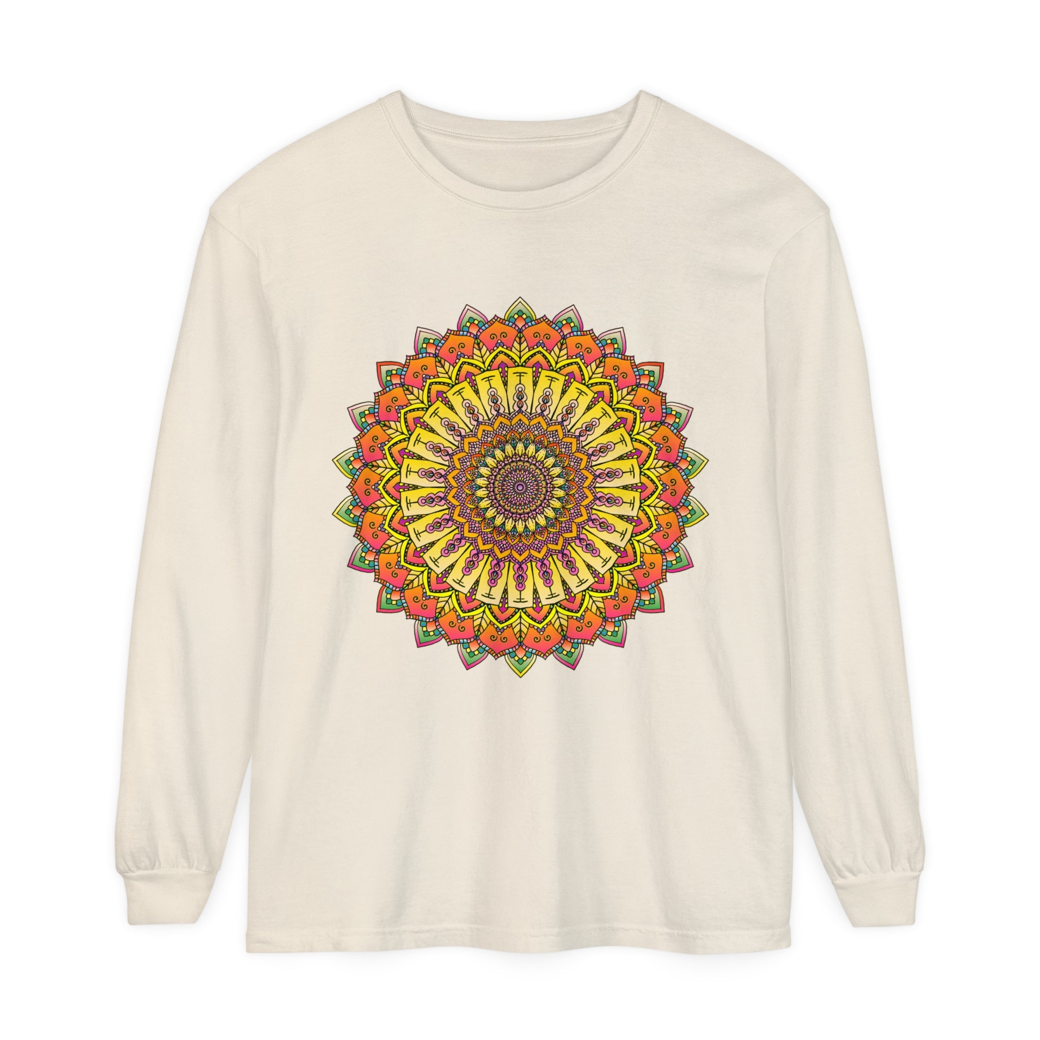A colorful and detailed mandala design featured on a unisex long sleeve t-shirt