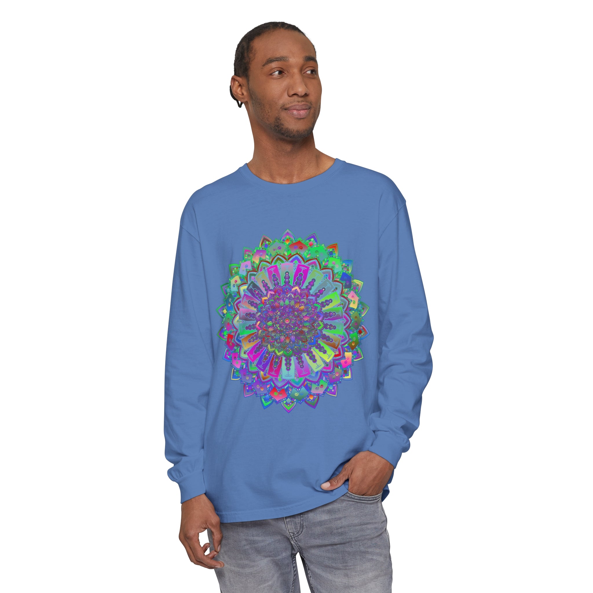 Colorful mandala design long sleeve t-shirt, perfect for adding vibrancy to any outfit